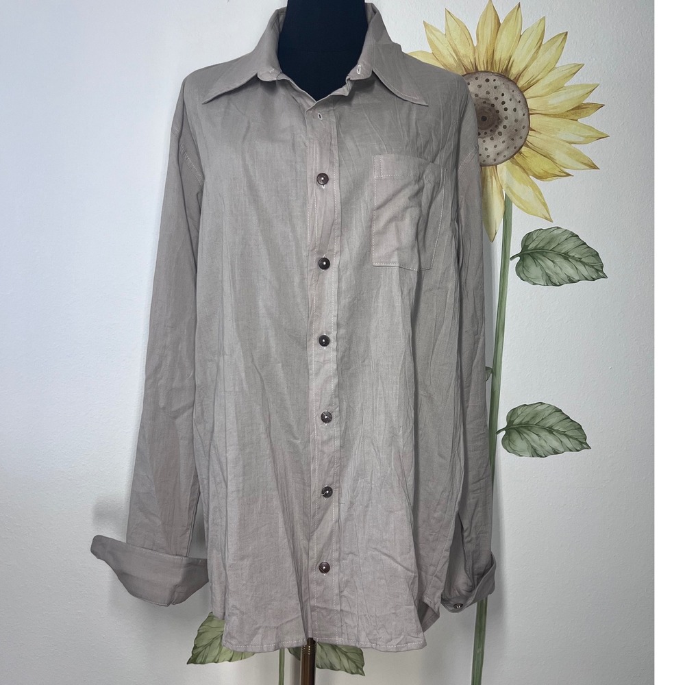 Lotus & Luna Oversized Boyfriend Button‎ Down Shirt Taupe Boho Small Cotton